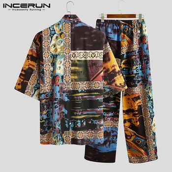 INCERUN Vyrų Pižama Rinkiniai Spausdinti Kimono Medvilnės V-Kaklo Laisvalaikio Pusė Rankovės Sleepwear Kelnes Nėrinių Japonijos Minkštas Vyrų Pižamos Kostiumas 7