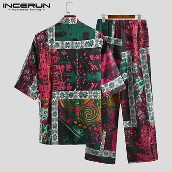 INCERUN Vyrų Pižama Rinkiniai Spausdinti Kimono Medvilnės V-Kaklo Laisvalaikio Pusė Rankovės Sleepwear Kelnes Nėrinių Japonijos Minkštas Vyrų Pižamos Kostiumas 7