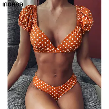 INGAGA 2021 Bikini Mujer Trumpas Rankovės maudymosi kostiumėlį Moteris Dot Spausdinti maudymosi Kostiumėliai Moterims Vasaros Paplūdimio Biquini Viršuje Wrap Maudymosi Kostiumas