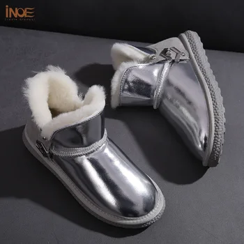 INOE 2020 m moteris laisvalaikio žieminiai batai odiniai nekilnojamojo avių kailio pamušalu kulkšnies sniego batai moters, šilti batai nepralaidūs vandeniui butai sagtis