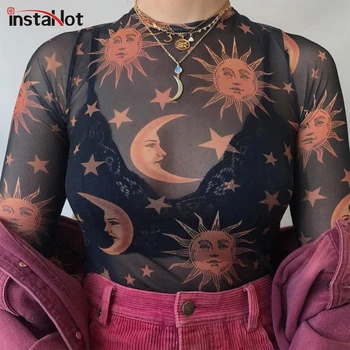 InstaHot Sun Moon Spausdinti Skaidrus T Marškinėliai Moterims Seksualus Matyti Per Ilgomis Rankovėmis 2019 M. Pavasarį Karšto Pardavimo Drabužių Žvaigždės Viršūnės Mergina