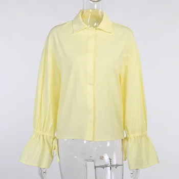 InstaHot žibintų rankovės moterų palaidinė marškiniai, elegantiškas medvilnės geltona balta marškinėliai moteriška derliaus viršūnes 2020 m. rudens mados palaidinė