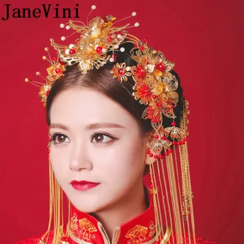 JaneVini Kinijos Senovės Raudoni Karoliukai Prabangių Vestuvių Plaukų Smeigtukai Aukso Rinkiniai Perlas Vestuvių Nuotakos Šukuosena, Plaukų Papuošalai Gėlių Vinjetė