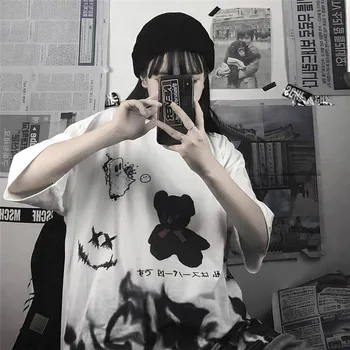 Japonija Pilkos spalvos Marškinėlius Streetwear Prarasti Vasaros Marškinėliai Moterims Harajuku Punk Trumpas Rankovėmis marškinėliai Topai Tee Hip-Hop Laisvus Marškinėlius Mergaitės