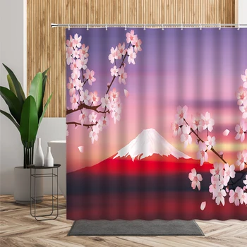 Japonijos Dekoracijos Dušo Užuolaidos Fuji Sakura Sakura Gėlių Vonios Užuolaidos Nustatyti Vandeniui Spausdinta Medžiaga Namo Vonios Dekoras