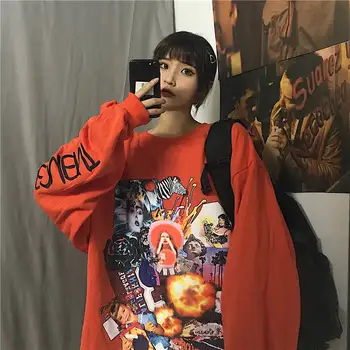 Japonijos Harajuku Kawaii Anime Marškinėliai Korėjos Gotikos Animacinių Filmų Moterų Ilgomis Rankovėmis Viršūnes Negabaritinių Hip-Hop Marškinėliai Streetwear Vyrai