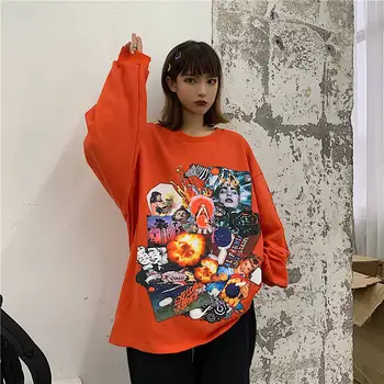Japonijos Harajuku Kawaii Anime Marškinėliai Korėjos Gotikos Animacinių Filmų Moterų Ilgomis Rankovėmis Viršūnes Negabaritinių Hip-Hop Marškinėliai Streetwear Vyrai