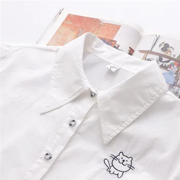 Japonijos Mori Mergina Kawaii Balti Marškiniai Vasaros Pasukite Žemyn Apykaklės Moteris Palaidinės 2020 Mygtuką Up Cute Kačių Siuvinėjimo Lanką Kišenės Viršūnės