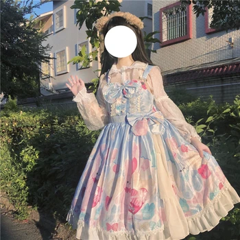 Japonijos Vasaros Saldus Lolita Stiliaus Minkštas Mergina, Moteris Suknelė Aikštėje Apykaklės Animacinių Filmų Triušis Kawaii Raukiniai Rankovių Lankas Nėrinių Suknelės