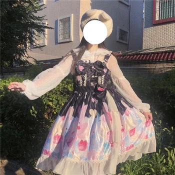 Japonijos Vasaros Saldus Lolita Stiliaus Minkštas Mergina, Moteris Suknelė Aikštėje Apykaklės Animacinių Filmų Triušis Kawaii Raukiniai Rankovių Lankas Nėrinių Suknelės