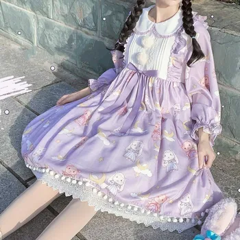 Japonų Stiliaus Mergaitėms ilgomis Rankovėmis Saldus Lolita Dress Moterų Bowknot JSK Cute Lėlės Apykaklės arbatėlė Cosplay Nėrinių Suknelė Kambarinės Kostiumas