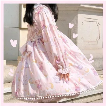 Japonų Stiliaus Mergaitėms ilgomis Rankovėmis Saldus Lolita Dress Moterų Bowknot JSK Cute Lėlės Apykaklės arbatėlė Cosplay Nėrinių Suknelė Kambarinės Kostiumas