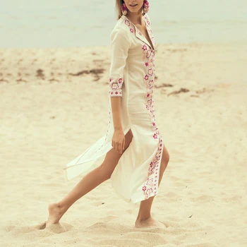 Jastie Gėlių Aplikacija Midi Suknelė Klasikinis Tunika Kaftan Moterų Suknelės, Sexy Šalutinis Pjausto Vasaros Paplūdimio Suknelė Boho Chic Suknelės
