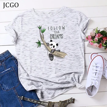 JCGO Vasaros Moterų Marškinėliai Medvilnė, Mielas Panda Print Plus Dydis S-5XL O-Kaklo trumpomis Rankovėmis Lady tshirts Mados Atsitiktinis Tee Viršūnės