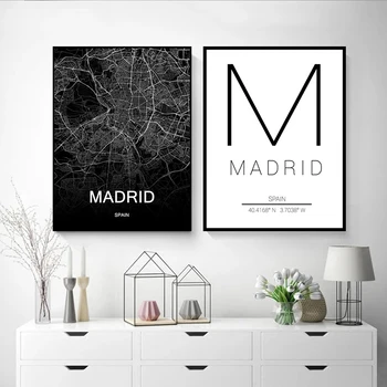 Juoda ir Balta Ispanija Madridas Miesto Žemėlapį Meno Kelionės Spaudinių Spausdinimo Drobės Tapybos Kambario Sienų Apdaila Freskos Derliaus Kambario Dekoro
