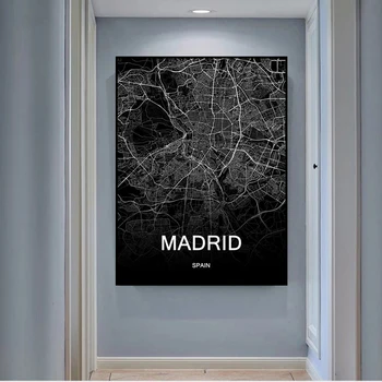 Juoda ir Balta Ispanija Madridas Miesto Žemėlapį Meno Kelionės Spaudinių Spausdinimo Drobės Tapybos Kambario Sienų Apdaila Freskos Derliaus Kambario Dekoro