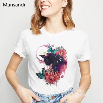 Juoda Sfinksų kačių, drugeliai, gėlės elnias marškinėliai moterims vasaros top moterų gyvūnų spausdinti marškinėliai, femme camiseta mujer t-shirt