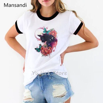 Juoda Sfinksų kačių, drugeliai, gėlės elnias marškinėliai moterims vasaros top moterų gyvūnų spausdinti marškinėliai, femme camiseta mujer t-shirt