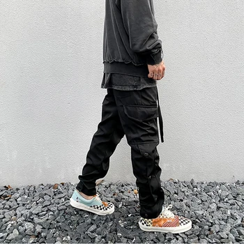 Juostelės Streetwear Pusėje Mygtuką Atsitiktinis Kelnės Mens Negabaritinių Elastinga Prarasti Kišenės Krovinių Kelnės Hip-Hop Baggy Jogger Track Kelnės