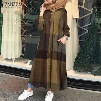 Kaftan Mygtuką Maxi Vestidos Moterų Rudenį Sundress ZANZEA 2021 Atsitiktinis Musulmonų Abaja Suknelės Moterų Patikrinkite Shirt Dress Plius Dydis