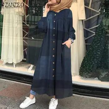 Kaftan Mygtuką Maxi Vestidos Moterų Rudenį Sundress ZANZEA 2021 Atsitiktinis Musulmonų Abaja Suknelės Moterų Patikrinkite Shirt Dress Plius Dydis