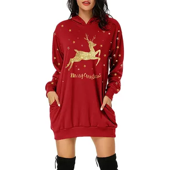 Kalėdų Dress Moterų Mados Kalėdų Hoodie Maišelį Klubo Kišenėje Spausdinti Hoodie Suknelė Ilgomis Rankovėmis Žiemos Vestidos Invierno Mujer
