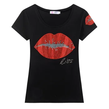 Karšto Diamond Raudonų Lūpų, T-Marškinėliai, kad 2019 m. Vasarą Naujų Moteris trumpomis Rankovėmis kalnų krištolas Medvilnės marškinėliai Moterims Topai Atsitiktinis Slim Femme Viršūnes Tee