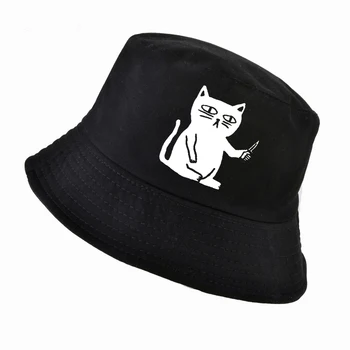 Katė su peiliu spausdinti kibiro kepurę moterų atsitiktinis juokinga žvejys skrybėlę Vyrai Moterys harajuku pop panama kepurė gorro