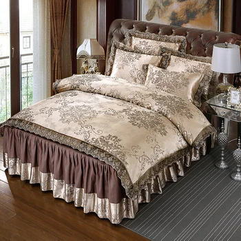 Kavos Satino Žakardo prabangių nėrinių patalynės komplektai karalienė king size 4Pcs lovatiesė antklode padengti lova sijonas nustatyti užvalkalas patalyne