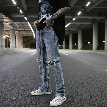 Kelio Skylę Sunaikinta Denim Jeans Mens Vintage Plauti Slim Dviratininkas Džinsai su Ilgu Diržu Naujas Mados Streetwear Hip-Hop Kelnes Poilsiu