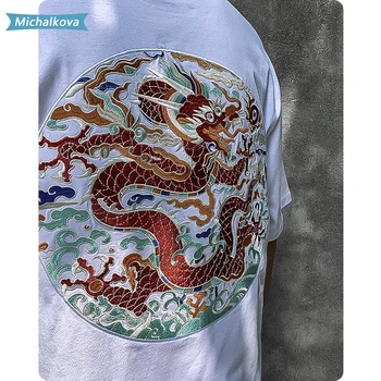 Kinijos drakonas moterų/Vyrų drabužių T-shirt prarasti negabaritinių Siuvinėjimo Hip-hop Vasaros Harajuku Mados Streetwear michalkova