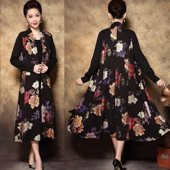 Kinų stiliaus Elegantiškas Mama kartais ilga suknelė retro Gėlių nėrinių Dviejų dalių suknelė vidutinio amžiaus ponios šalis suknelė Plius size4XL