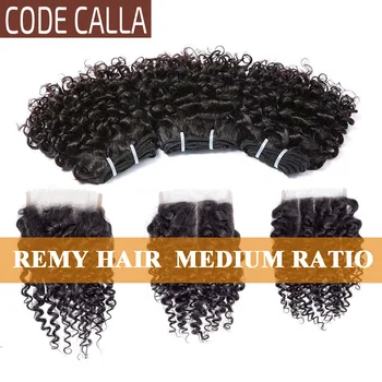 Kodas Calla Keistą Garbanotas Plaukų Ryšulius su 4*4 Nėrinių Uždarymo Indijos Remy Žmogaus Plaukai Priauginimui Natūralių Tamsiai Ruda Spalva, Garbanotais Plaukais