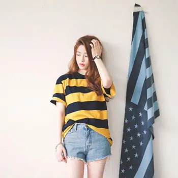 Korėjiečių Moterų Prarasti Geltonos Ir Juodos Juostelės Laukinių trumparankoviai marškinėliai