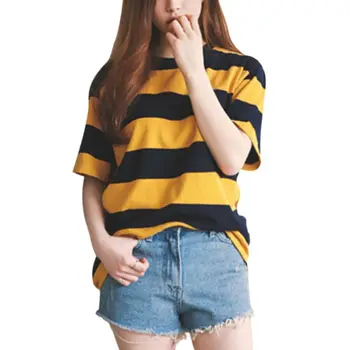 Korėjiečių Moterų Prarasti Geltonos Ir Juodos Juostelės Laukinių trumparankoviai marškinėliai