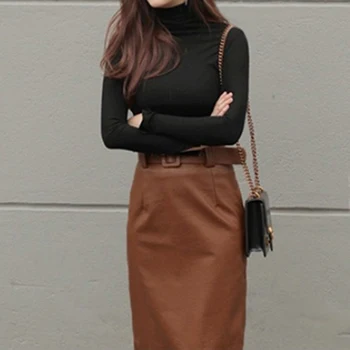 Korėjos Harajuku ilgomis rankovėmis, Žemiausią Marškinėliai Moterims vientisos Spalvos Aukštos Apykaklės Slim Dugno Women Marškinėliai Black Draugės Palaidinė