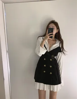 Korėjos Mados Vestidos Moterų 2VNT Suknelė Tiktų Saldus Dviejų dalių Suknelė Rinkiniai Ilgi Balti Marškiniai+Juodas Dirželis Mini Sijonas Tinka Komplektai