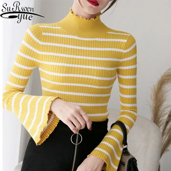 Korėjos Slim ilgomis Rankovėmis Rudenį, Žiemą Megztinius Moterų Megztinis Dryžuotas Varpas Rankovėmis Pusiau aukštos Apykaklės Megztinis Moterims Saldus 6837 50