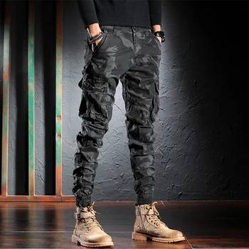 Korėjos Stiliaus Mados, Vyrų Džinsai Laisvi, Tinka Multi Kišenės Atsitiktinis Krovinių Kelnės Hombre Streetwear Kamufliažas Hip-Hop Poilsiu Kelnės