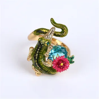 Krokodilas serijos rinkinio emalio glazūra mažas driežas pink gėlių karoliai, auskarai, apyrankė, žiedas
