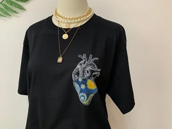 Kuakuayu HJN Moterų Žvaigždėtą Naktį Širdyje Atspausdintas T-Shirt Tumblr Mados Van Gogh Tee Retro Stiliaus Hipsters Grunge Meno Kultivatorius Marškinėliai