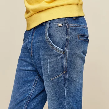 KUEGOU 2020 m. Rudenį Medvilnės Mėlyna Nelaimę Liesas Džinsus Vyrams Streetwear Brand Slim Fit Denim Kelnės vyrams Ruožas Kelnės 2976