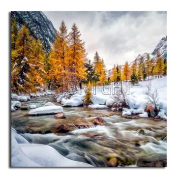 Kvadratiniu Diamond mozaikos žiemos upės Visiškai Apvalus Deimantas tapybos miško medžių 5D 