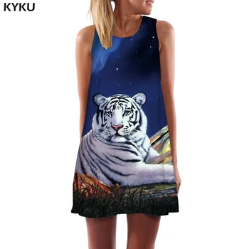 KYKU Prekės Tigras Suknelė Moterų Kalnų Bakas Gyvūnų Boho Harajuku Trumpų Animacinių filmų Sundress Moteriški Drabužiai Derliaus Naujas