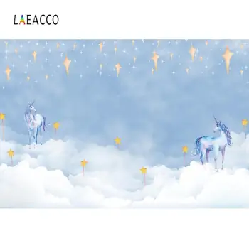 Laeacco Mėlynas Dangus, Balti Debesys, Žvaigždės Vienaragis Gimtadienio Fotografijos Fonas Individualų Fotografijos Backdrops fotostudija