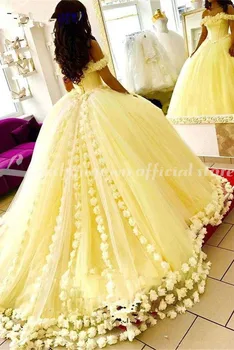 Lakshmigown Geltona Kamuolys Suknelė Vestuvių Suknelės 3D Gėlės Off Peties Saldus 16 Princesė, Vestuvinių Suknelių Chalatas De Mariee užsakymą