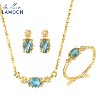 LAMOON Vingtate 925 Sidabras Papuošalų Rinkinys Moterims Star Gamtos London Blue Topazas 14K Auksu Fine Jewelry Brithday Dovana V076