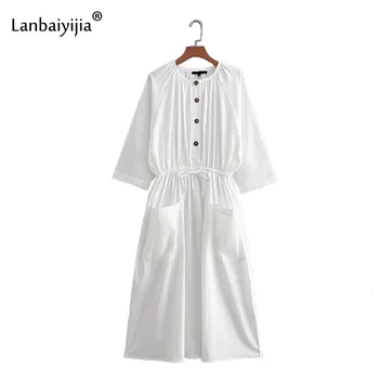 Lanbaiyijia Naujausias Mados Mygtuką Kišenės Apdailos Lino Suknelė Moterims ilgomis Rankovėmis Lankas Varčias Balta Ilga moterų Rudenį suknelė