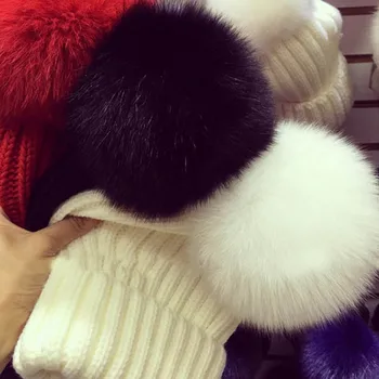 Lapės kailio kepurę moterims pompom žiemos skrybėlės Kietas Tėvų-vaikų Beanies megzti moteriški moterų nekilnojamojo fox fur kepuraitė Skullies