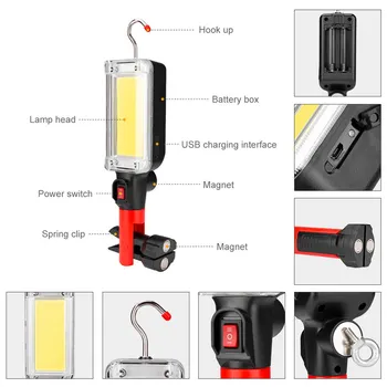 LED Darbo Šviesos Galingas Nešiojamas Žibintas, Kablys Kempingas Lempa COB USB Įkraunamas Žibintuvėlis Žibintuvėlis atsparus Vandeniui